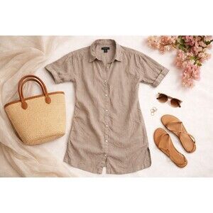 Linen Shirt Dress Lagenlook Tunic Camel Brown Minimalist Coastal Tahari M